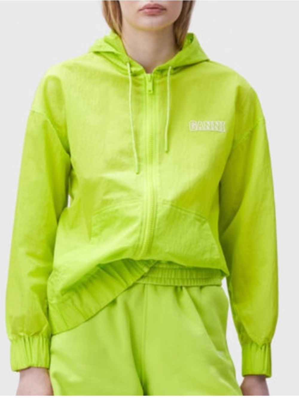 Ganni Neon Lime Hooded Zip Bomber Jacket